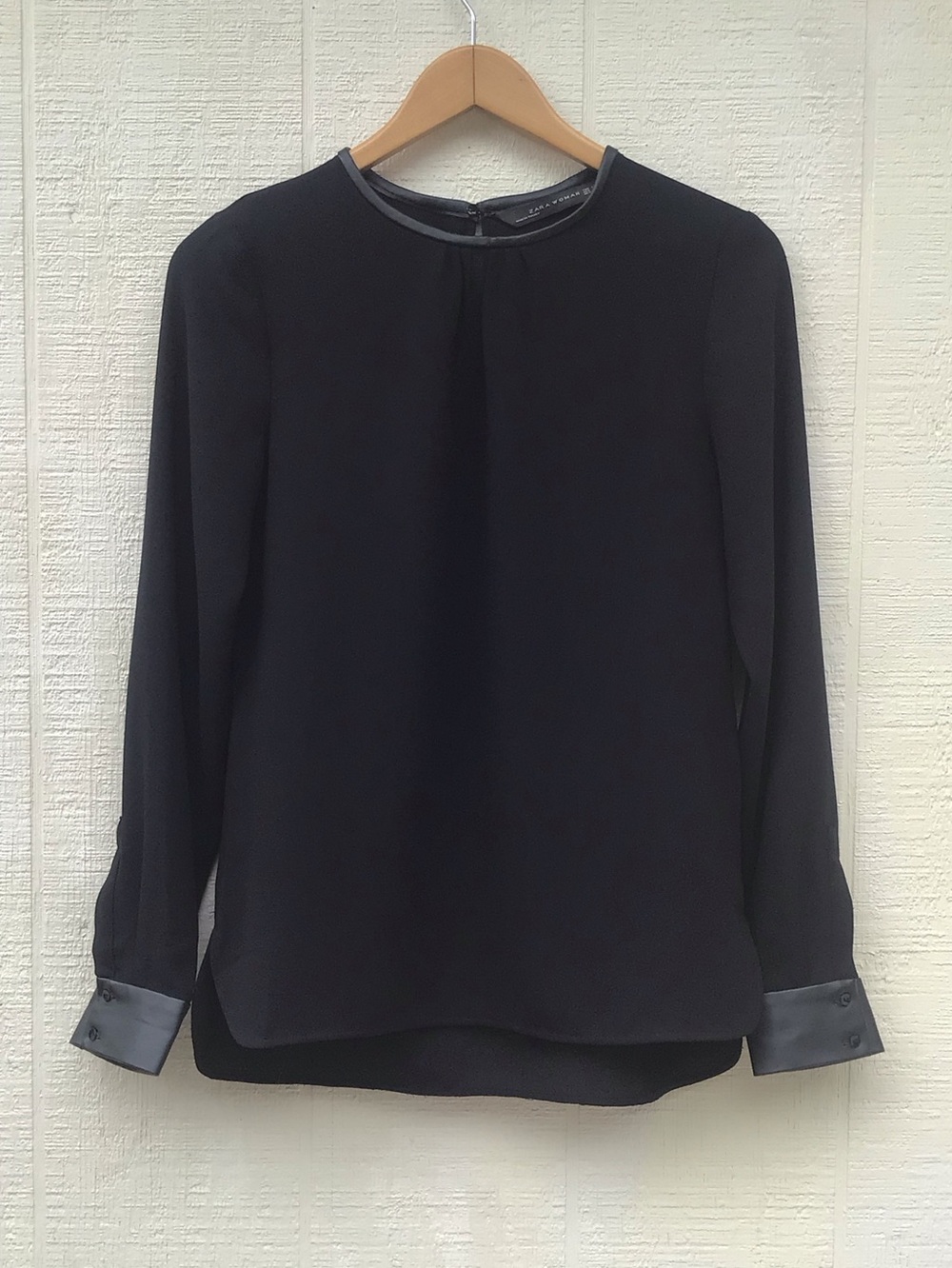 Zara black faux leather trim long sleeve blouse